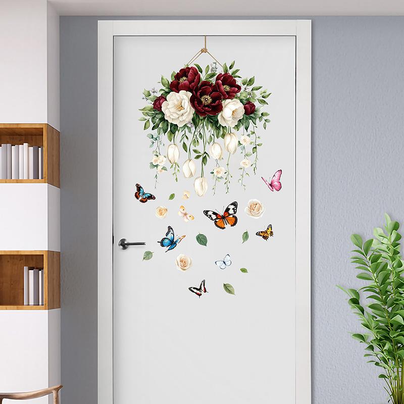 Camellia Peony Wall Stickers Self Adhesive Floral Hanging Basket Decal for Bedroom Girls Room Door Home Decor Vinyl Art