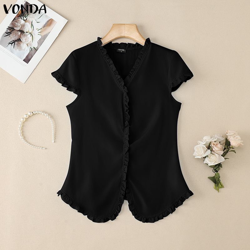 VONDA Summer Women Casual V-Neck Short Sleeve Ruffled Hem Slim T-shirts Tops