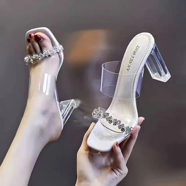 French Rhinestone Premium Transparent Crystal Heel Sandals Women's Word with Thick Heels Slippers High Heels Wear Sandals