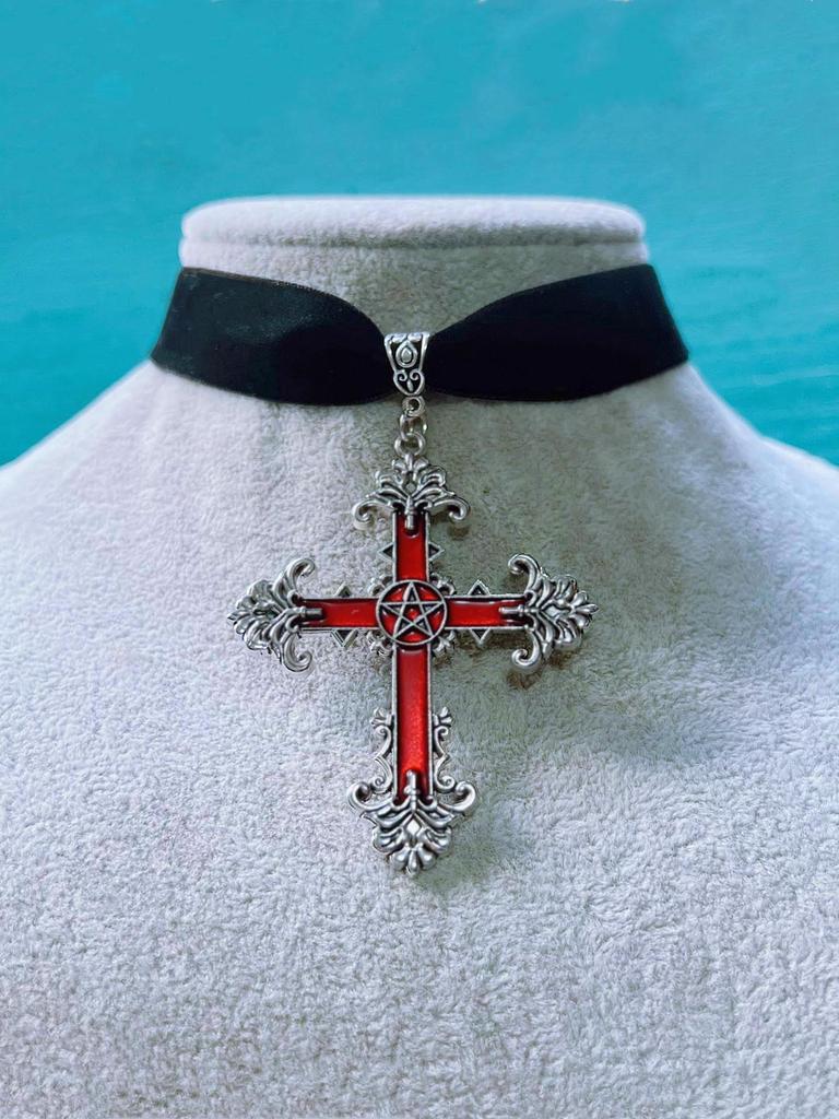 Temperament Gothic Red Drop Glaze Cross Pendant Black Velvet Necklace for Women Halloween Party Choker Jewelry Accessories Gifts