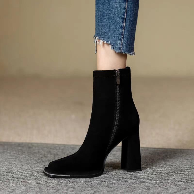 Fashion Luxury Women Boots Fashion Square Head Patent Leather Boots Side Zipper Ankle Boots for Women Suede Leather High Heel Boot Botas