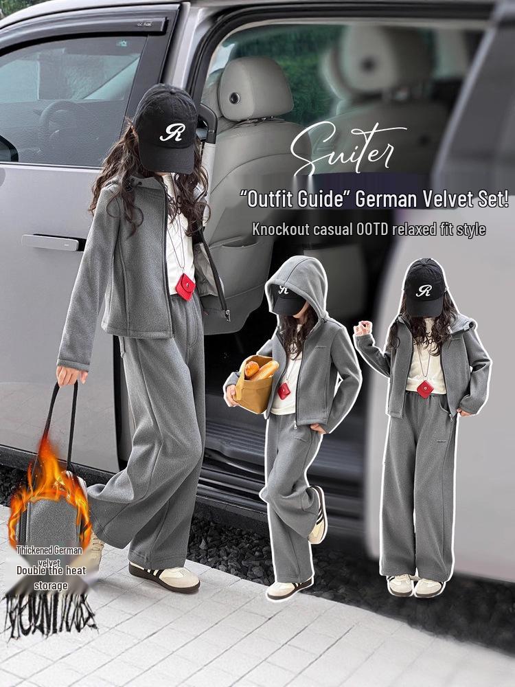 Ensemble Sweat à capuche doublé polaire et pantalon de survêtement pour filles - Style hiver 2025