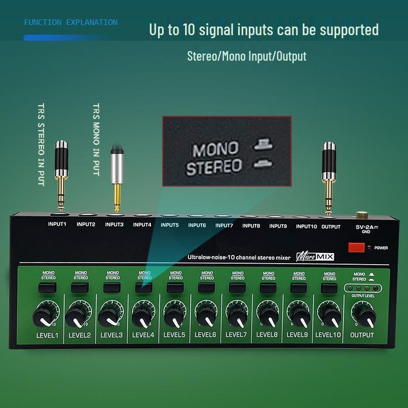 10-Channel Audio Mixer for Musical Instruments and Guitar Amplifier