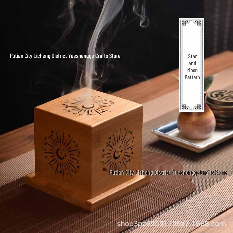 Geometric White Sage Incense Burner & Crystal Purifier: Bamboo & Sandalwood Holder Box звезды и луны