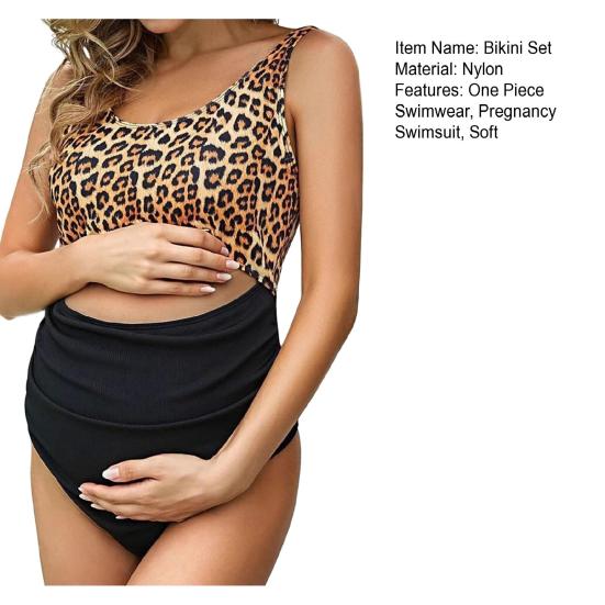 Pregnant Woman's Bikini Set High-Waisted Bottoms Leopard Print Top Soft Elastic Supportive Swimwear