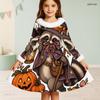 Girls High Neck Long Sleeve Pumpkin Crow Rose Printed A Line Dress