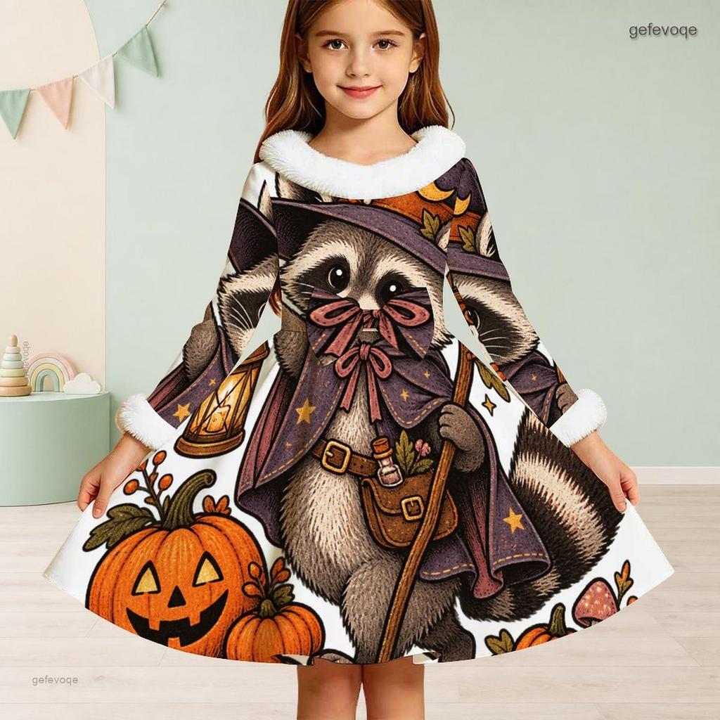 Girls High Neck Long Sleeve Pumpkin Crow Rose Printed A Line Dress