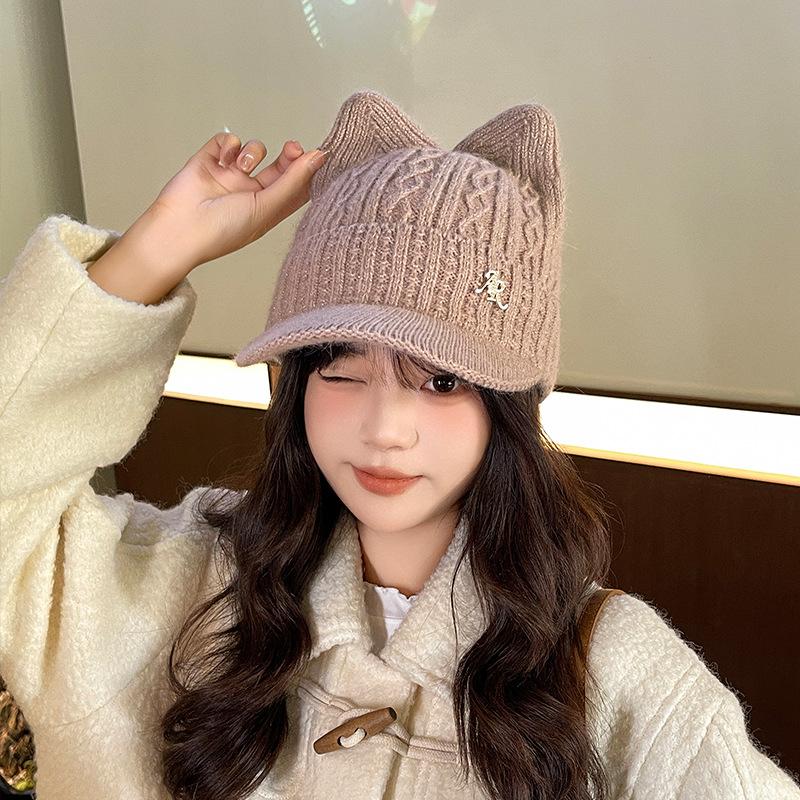 Y2k Hats Cat Ear Fuzzy Hat Fluffy Kpop Outfits for Women Women's Baseball Cap Knitted Beanie Grunge Girl Caps