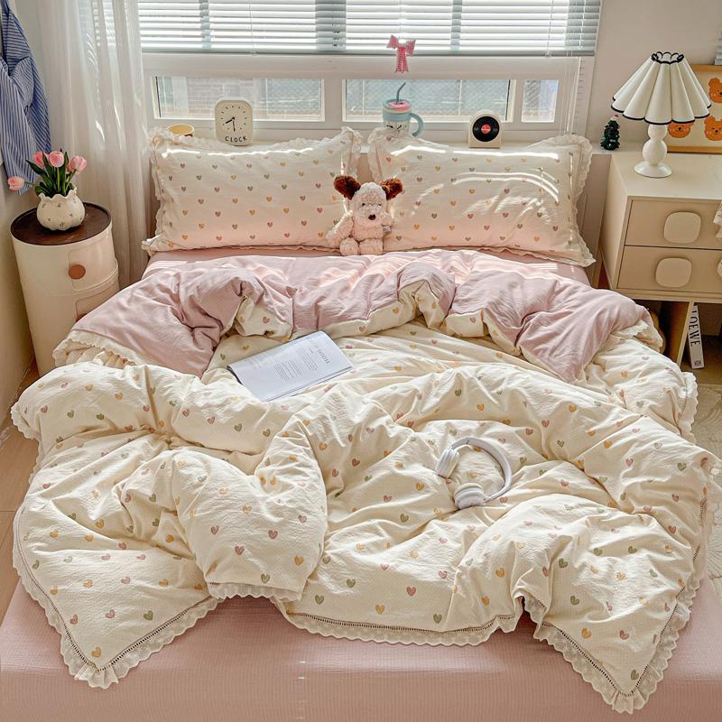New Bedding Set INS Princess Soft Bed Flat Sheet Set Twin Queen Double Size Cotton Lace Duvet Cover Pillowcase Bed Linen