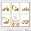 Obraz na płótnie Kreskówkowy Traktor Wózek widłowy Dźwig Samochód inżynieryjny Cytaty o marzeniach Plakat Druk Sztuka ścienna w stylu nordyckim Dekoracja pokoju dziecięcego