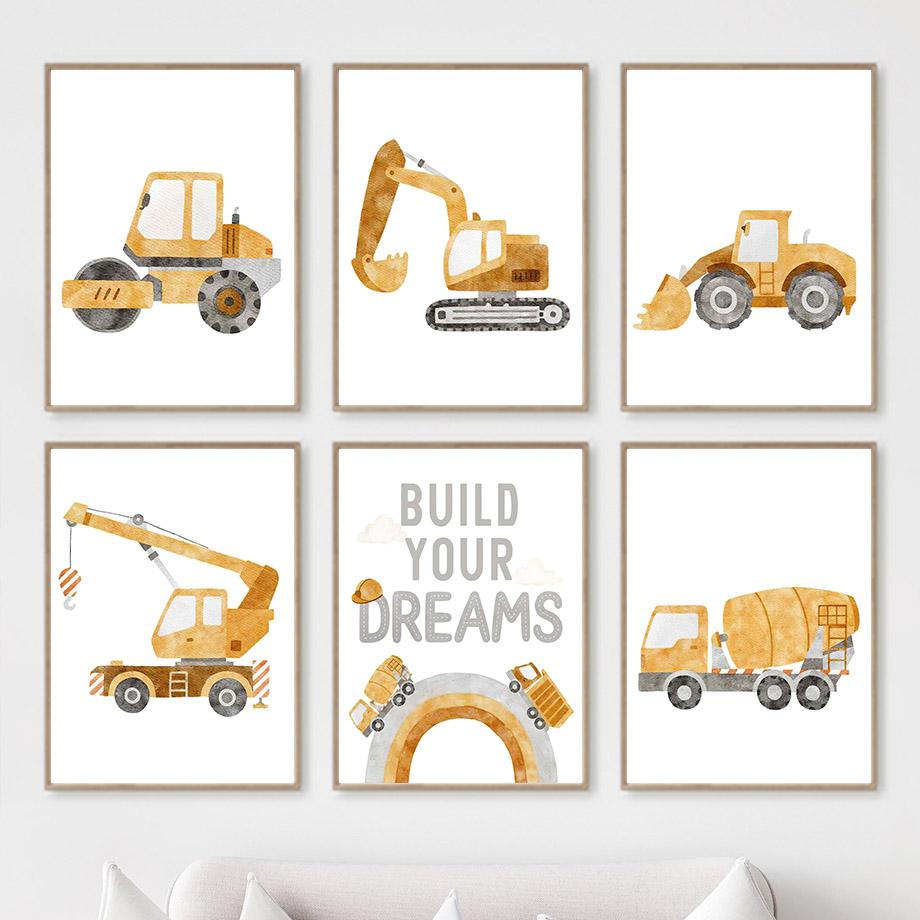 Obraz na płótnie Kreskówkowy Traktor Wózek widłowy Dźwig Samochód inżynieryjny Cytaty o marzeniach Plakat Druk Sztuka ścienna w stylu nordyckim Dekoracja pokoju dziecięcego