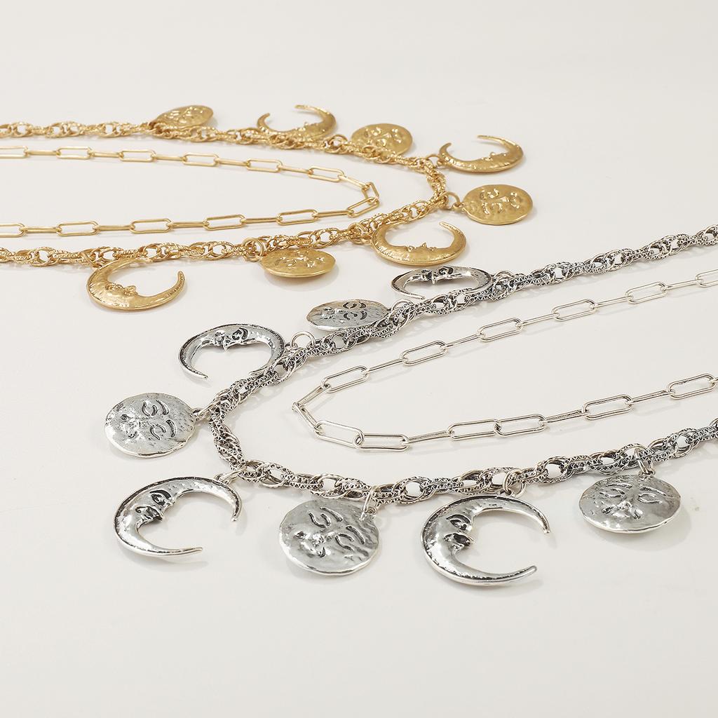 Women European Retro Relief Portrait Sun Moon Necklace Minimalist Personality Double Layer Chain Choker