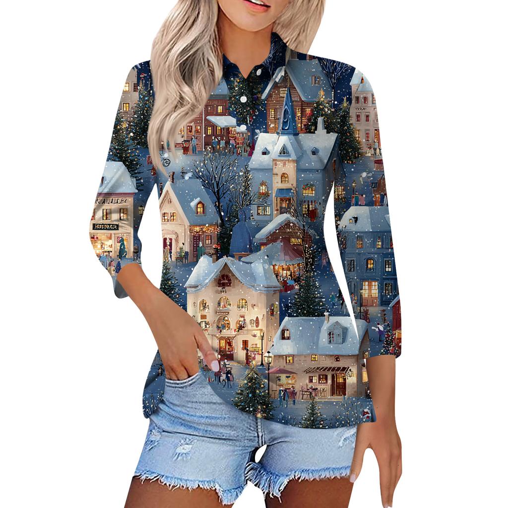 Women's Fashion Casual Button 3/4 Sleeve Vintage  Print Lapel Top