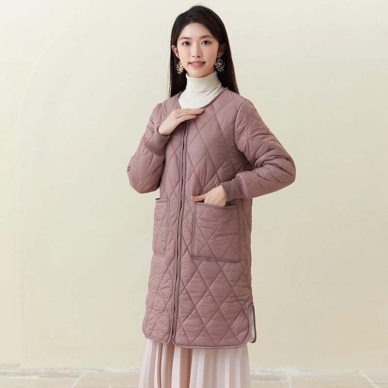 New Long Sleeve Slim Rhombic Lattice  Down Cotton Outwear Pockets Thin Light Autumn Winter Coat Fashion Women Casual Jackets