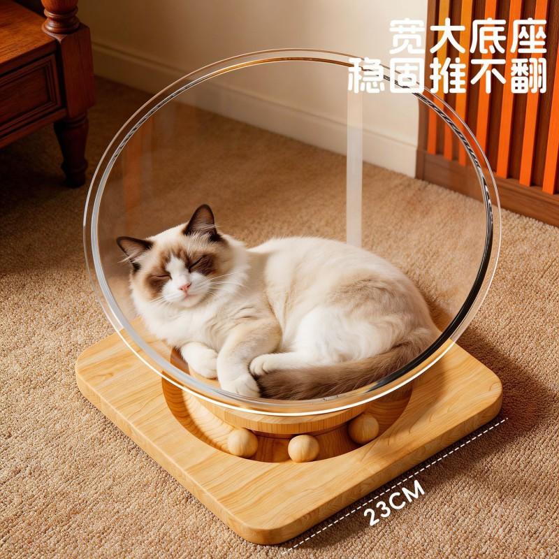 Katzen-Raumkapsel-Bett mit drehbarer Holzplattform Ganzjahres-Acrylhaus für Wohnungskatzen Kleine mittlere große Größen