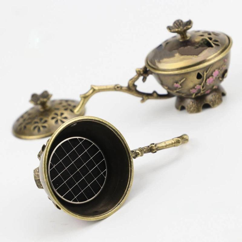 Plum Blossom Incense Burner With Handle Retro Plum Blossom Hollow Out Incense Stick Burner Zinc Alloy Small Craft Home Decor