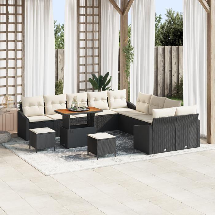 Ensemble de canapé de jardin vidaXL 13 pièces avec coussins noir rattan poly acacia, Sofa de jardin 2 places vidaXL 3362715