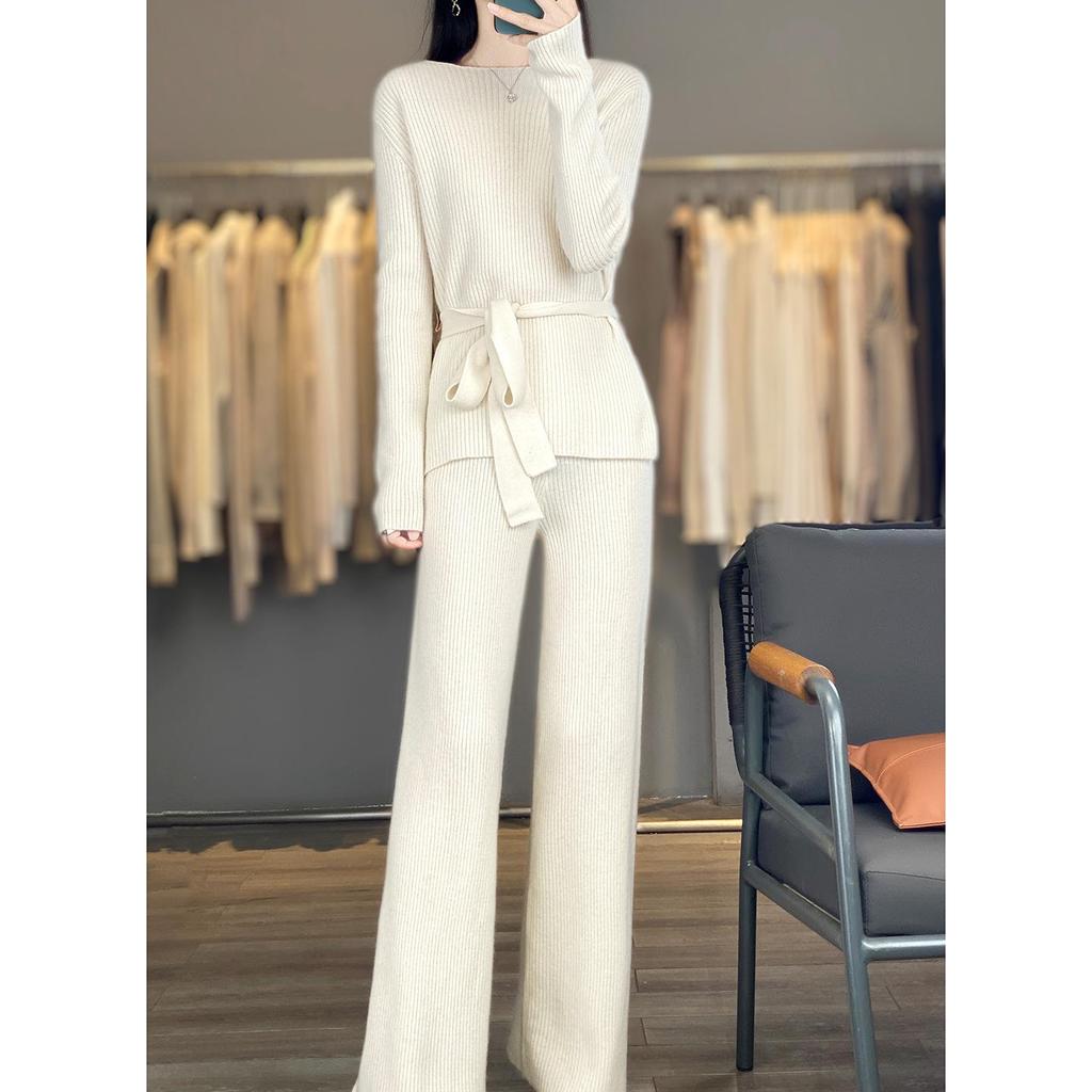 Chic Autumn/Winter Cashmere Two-Piece Set: Women's Loose Knit Sweater & Wide-Leg Tie-Waist Pants