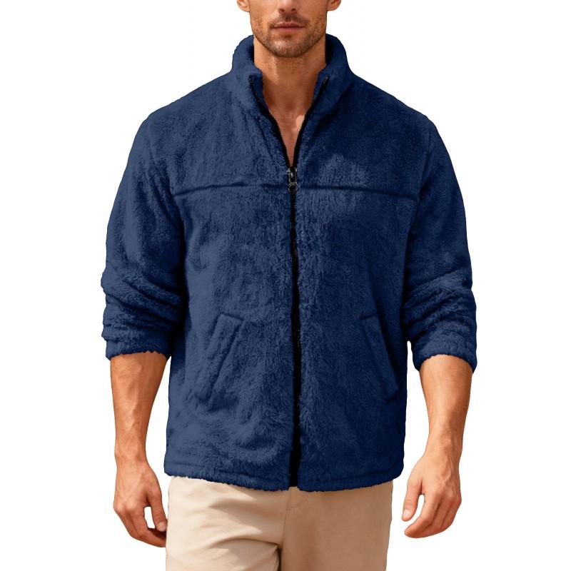 Mens Fleece Zip Up Jacket Stand Collar Warm Casual Slim Fit Coat Winter