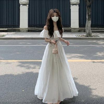 Women's White Off-Shoulder Ruffle Dress - Summer Vacation French Style, Slimming Waist, Backless, Long Design