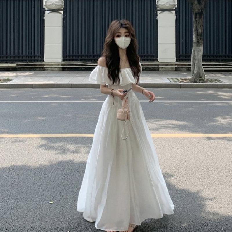 Women's White Off-Shoulder Ruffle Dress - Summer Vacation French Style, Slimming Waist, Backless, Long Design