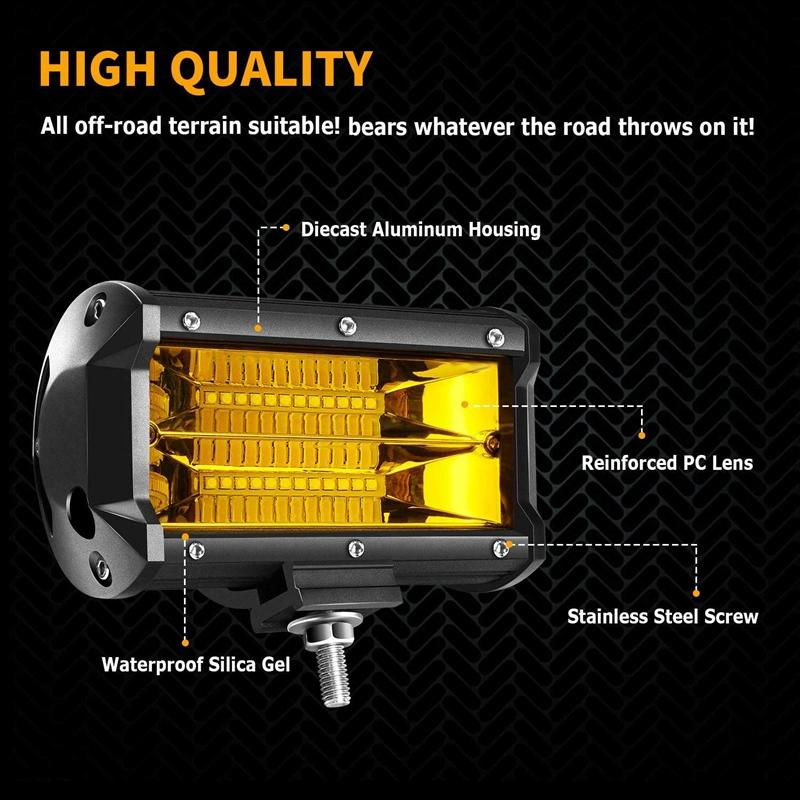 NEW-2X 5 Inch 72W LED Work Lights Waterproof Off Road Pod Fog Lights Yellow Lamps for Trucks ATV UTV Polaris Boat Golf Cart