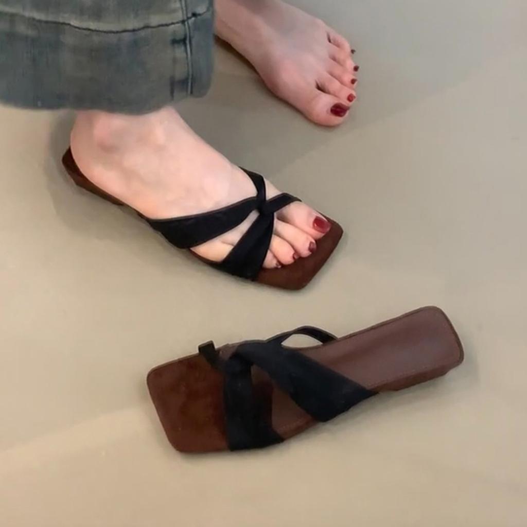 Vintage cross with simple open-toed sandals women's low-heeled square head outer wear comfortable slippers