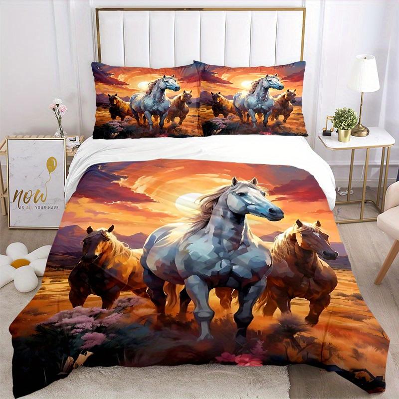 3pcs Animal-themed Horse Sunset Soft and Comfortable Breathability, Bedding Set, Machine Washable, Suitable for All Seasons134