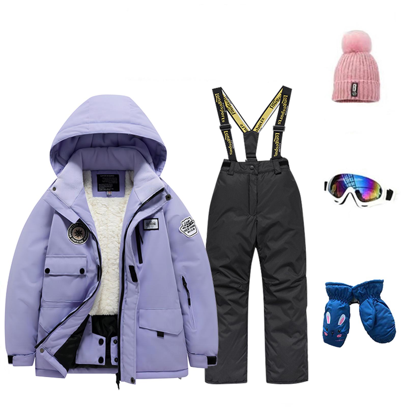 

Детский модный лыжный комплект для мальчиков и девочек, утепленный, водонепроницаемый, термобелье, костюм из пяти предметов с курткой и брюками 16 фиолетовый