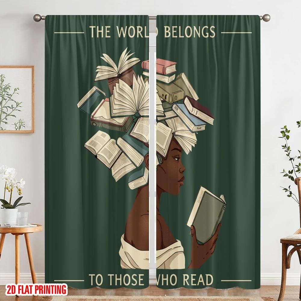 2pcs 2D flat printing Curtains Books Belong Read Wisdom Polyester Without Electricity Holiday Decorations Use for Holiday Party