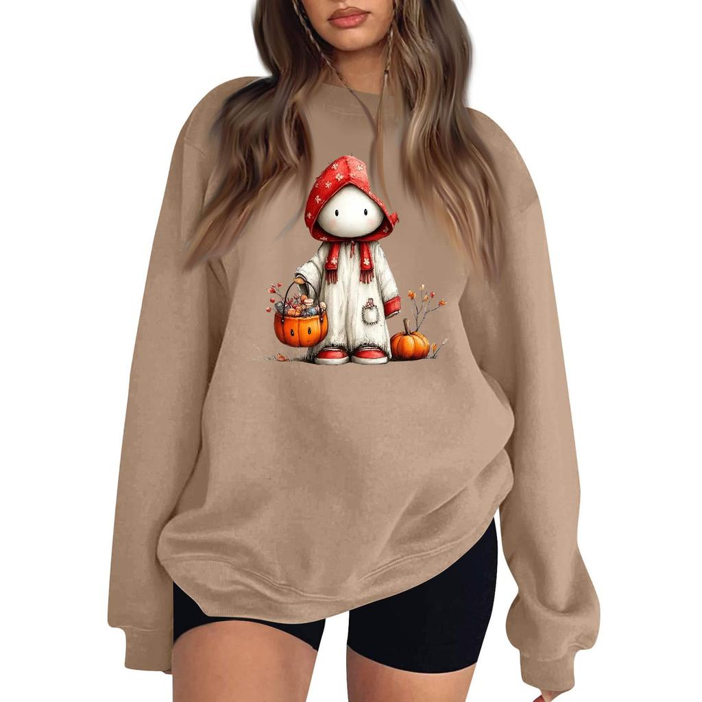 Women's Comfortable Round Neck Long Sleeve Sweatshirt Loose Fit Casual with Color and Halloween Print