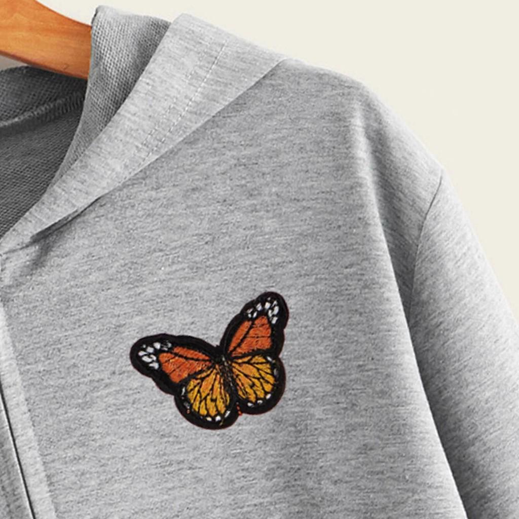 Women Embroidery Butterfly Long Sleeve Zipper Pocket Shirt Hooded Sweatshirt Top