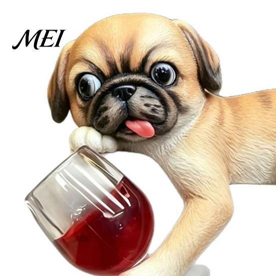 Resin Animal Ornament Lying Pug Statue for Planter, Dog Figurine with Red Wine Funny Pet Glass, Cute Flower Pot Edge Decoration Creative Planter Decor