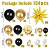 134pcs Black and Gold with Gold Confetti Balloon Garland Arch Set, Suitable for Birthday, Christmas, and New Year Decorations