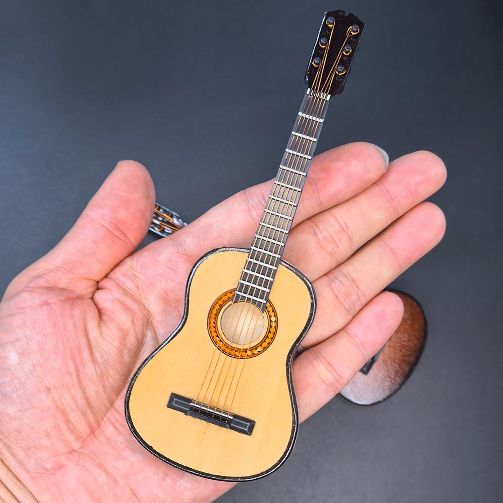 Wooden Miniature Guitar with Support Miniature Musical Instrument Wooden Decorative Ornament for Miniature Model Decor Gift