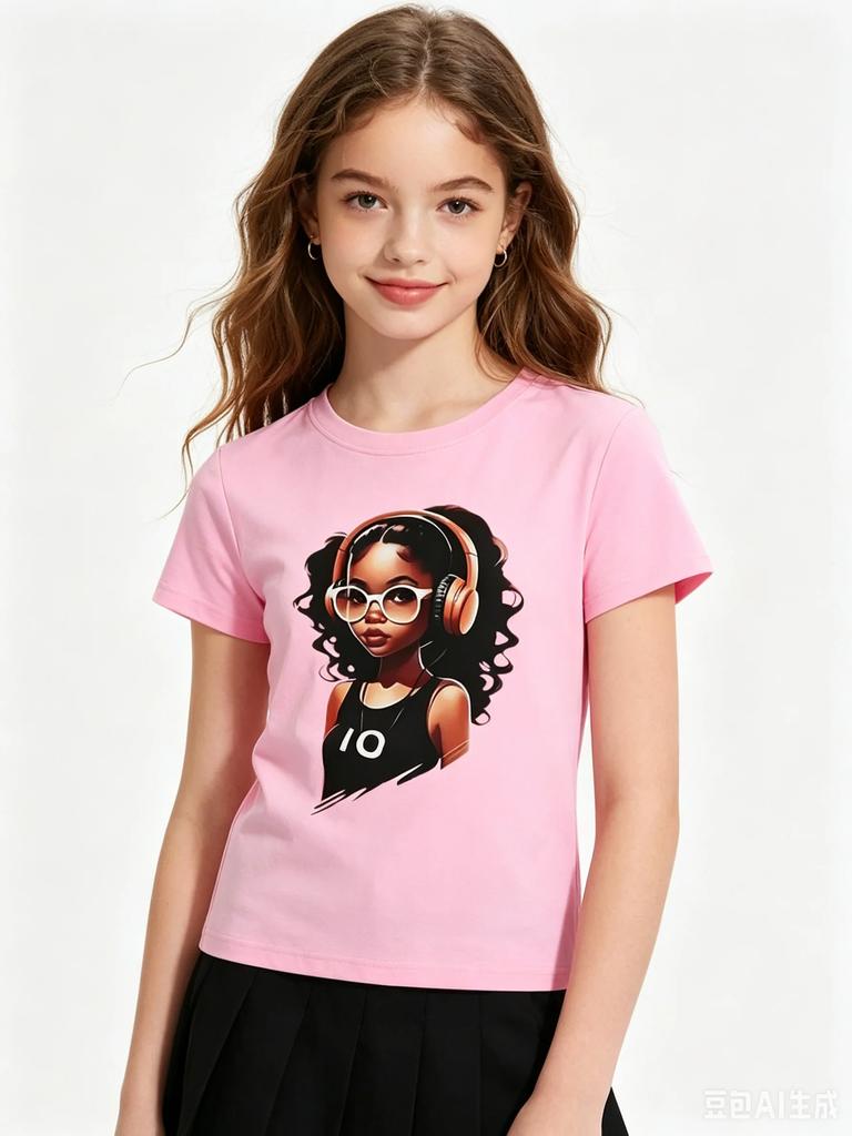 Summer New Girls round Neck Shortsleeved Tshirt Kids Clothes INS Music Cool Girl Pattern Printed Polyester Fabric