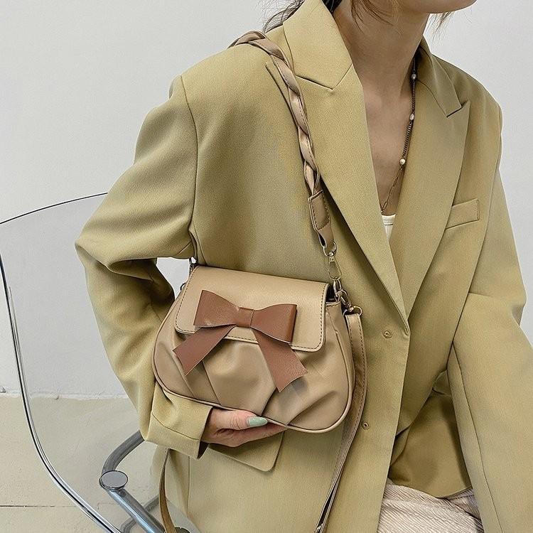 Retro Fashion Pleated Design Womens Small Bowknot Bag In Khaki Black And Cream