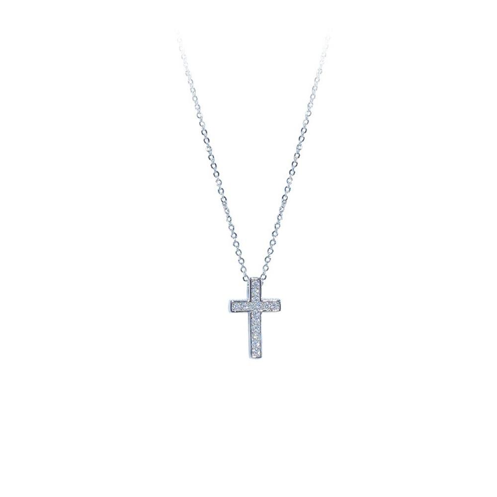 Korean Style Zircon Cross Pendant Necklace - Elegant Silver Plated Shimmering Crucifix Clavicle Chain for Women Minimalist Daily Jewelry