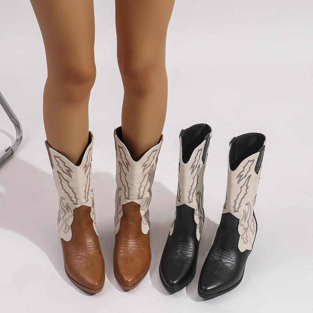 Autumn and Winter Fashion Paragraph Western CowboyHeel French Boots Fashion Trend Mid Top Boots