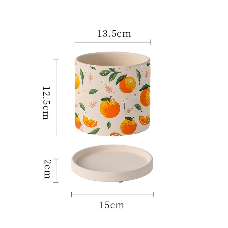 Creative Cartoon Fruit Ceramic Flower Pot Plant Flower Pot with Tray Cylindrical Countertop Flower Pot Living Room Garden Decor
