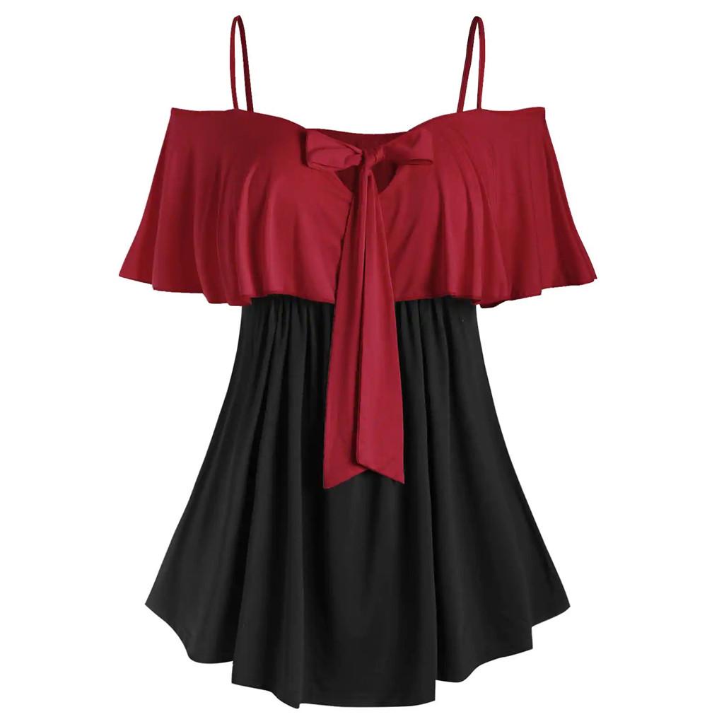 

(SU)Женская блузка большого размера с открытыми плечами, двухцветная майка с бантом и рюшами, топы L винный