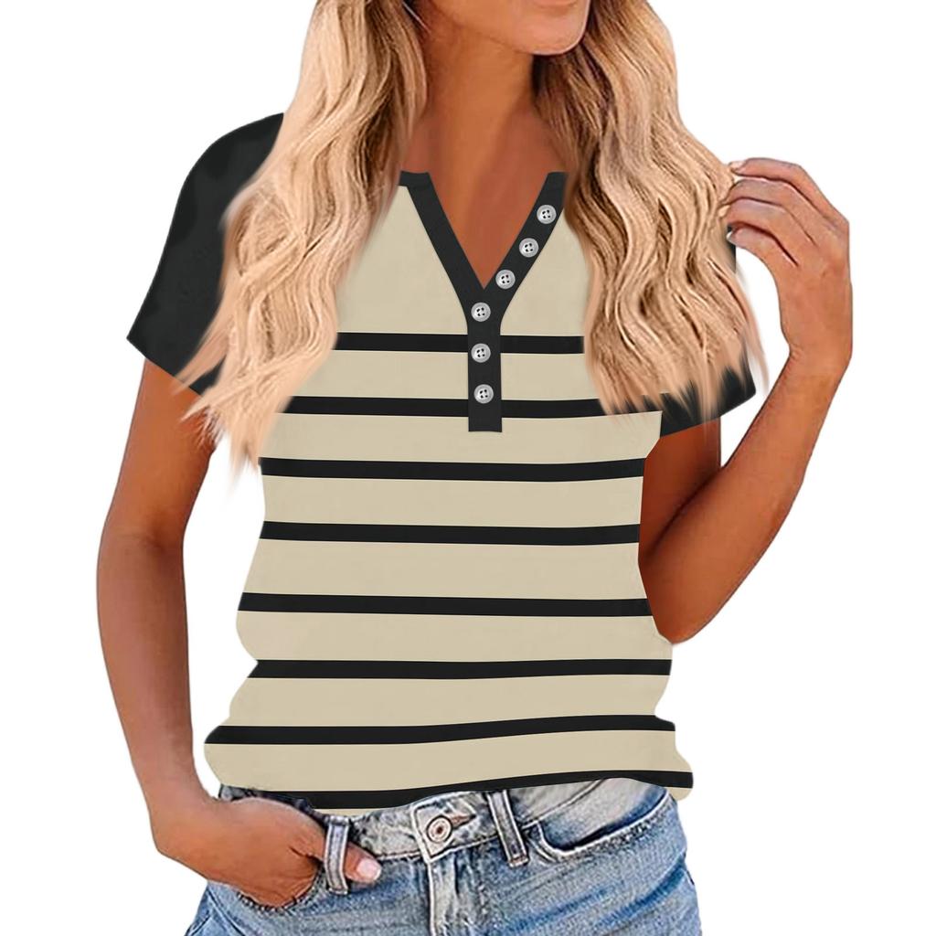 Women's Fashionable Casual V-neck Button-down Striped Print Short-sleeved Top For Summer