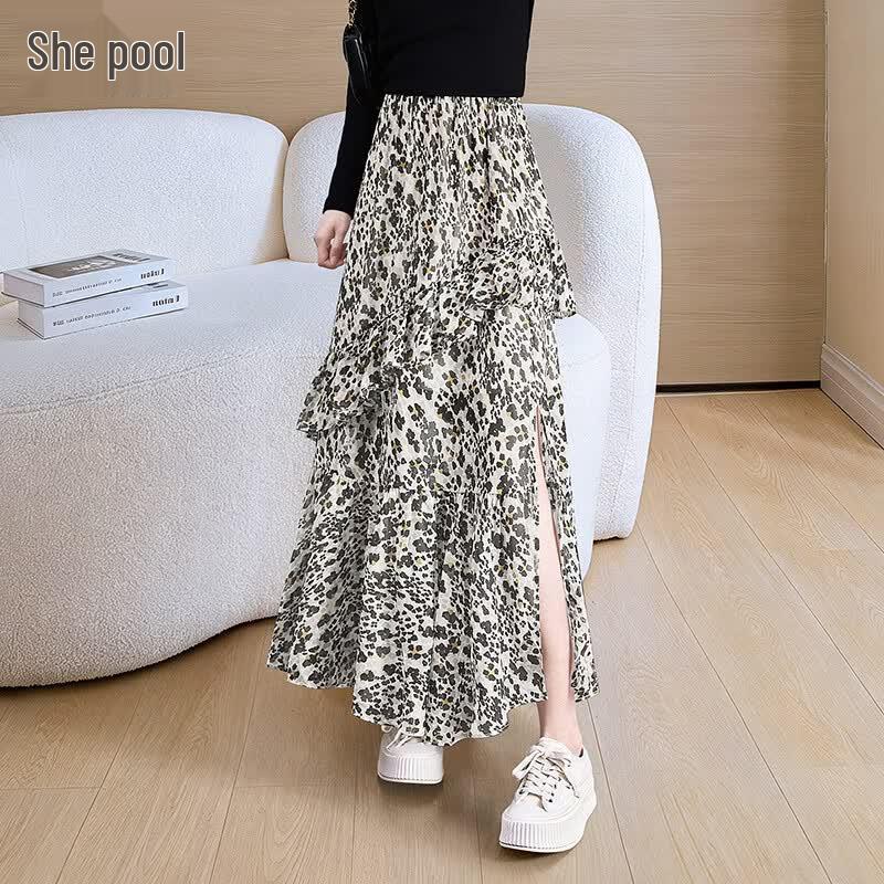 Women s Ruffle Flowy Floral Print High-Waist Long Skirt XL