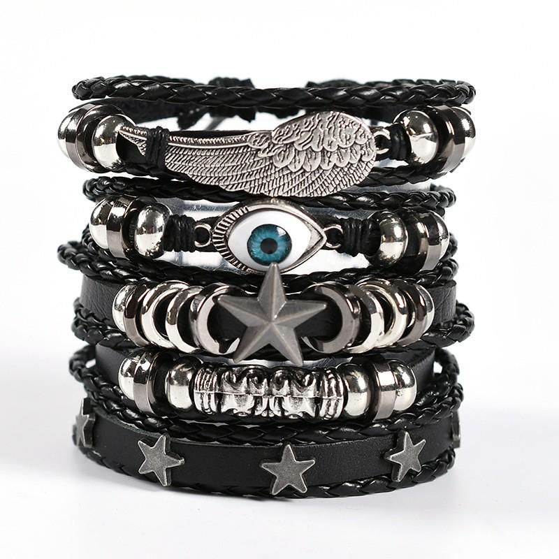 Men's Braided Leather Skull Bracelet Set with Multi-Layered Genuine Leather Bangle