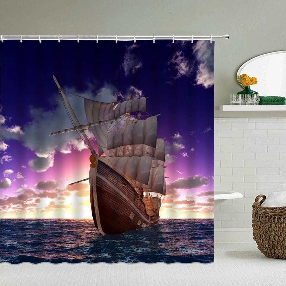 Sailboat Waterproof Bathroom Shower Curtains Sea Navigation Bath Curtains 3d Printing With Hooks 180*180cm Washable Cloth
