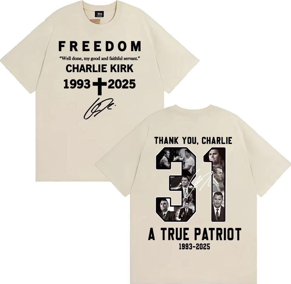 Thank You Charlie Kirk T Shirt A True Patriot Freedom Double Sided Print Tee Shirt Men Women Casual Cotton Short Sleeve Tshirts
