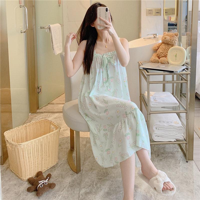 Cotton Nightdress Women'S Summer Thin Pajamasspring And Autumn Cotton Korean Cute Casual Print Dress Loungewear