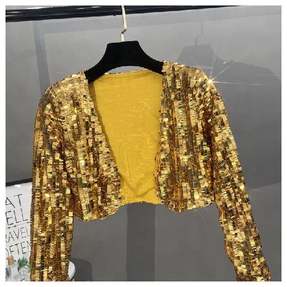 Small suit women's 2024 new heavy industry sequined temperament cardigan casual short sparkling typhoon jacket top