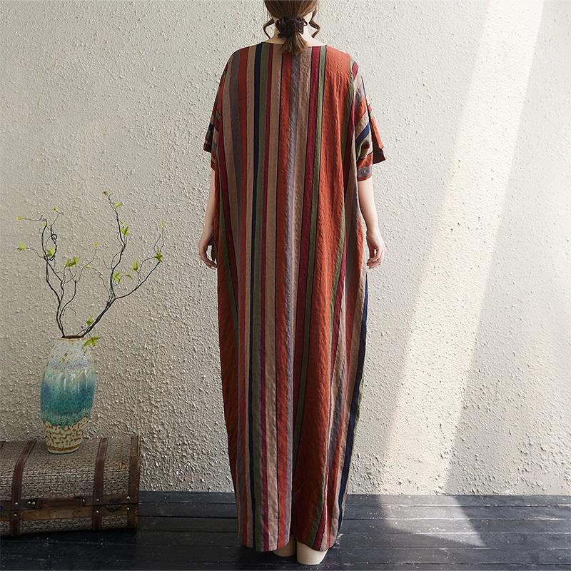 Short Sleeve Plus Size Cotton Vintage Stripe New In Dresses for Women Casual Loose Long Summer Dress