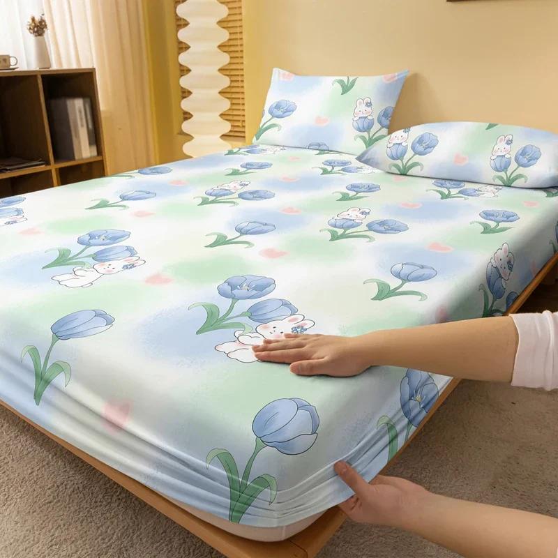 1 Cartoon Cute Plant Flower Rabbit Printed Matte Fitted Sheet, Bedroom Printed Bed Cover, Bedding (Excluding Pillowcases)